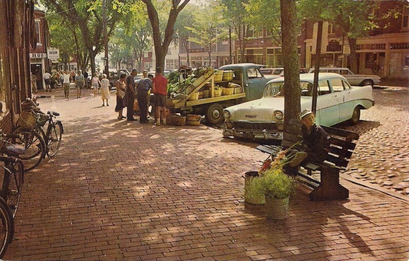 Nantucket MA, Main St., Vegetable Market, Truck, Cars, Boy Selling Flowers 1966