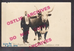 Dallas TEXAS RPPC 1936 WILL ROGERS Centennial BIG JIM STEER Bull Cow Cattle KB