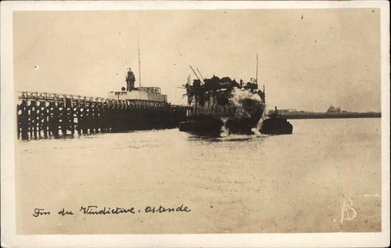 Ostende Belgium Destroyed Ship Vindictive & Lighthouse Real Photo Postcard
