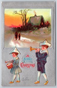 Holiday~Merry Christmas~Children W/ Drum & Trumpet In Silver Frame~Emb~Postcard