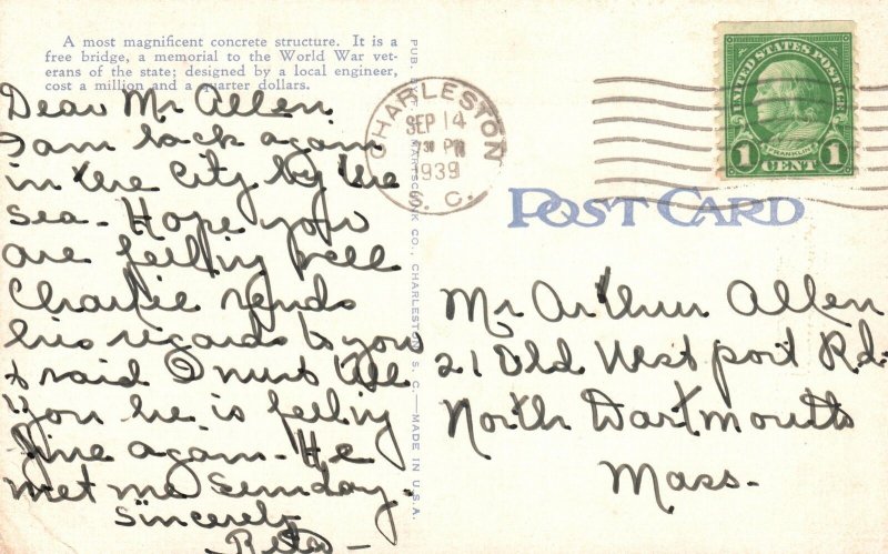 Vintage Postcard 1939 Ashley River Bridge Charleston South Carolina Structure SC