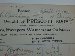 1900 Prescott Bros Wringers Washers Sweepers Oil Stoves Boston MA Letterhead