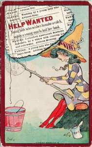 'Help Wanted' Young Lady Fishing Wishes Make Catch Dwig 500 Postcard G47 *as is