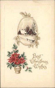 Christmas Castle Snow Poinsettias Holly Gilt Embossed Winsch c1900s-20s Postcard