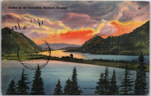 VINTAGE POSTCARD SUNSET ON THE COLUMBIA RIVER OREGON POSTED 1948