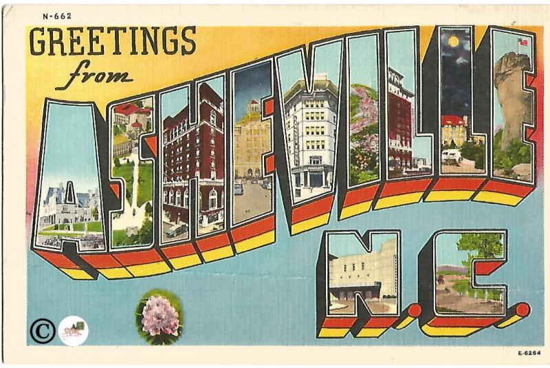 Greetings From Asheville NC Ship Large Letter Big Letter Vintage Postcard Linen