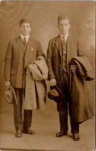 Two Attractive Men Overcoats and Hats Studio Portrait RPPC Postcard B26