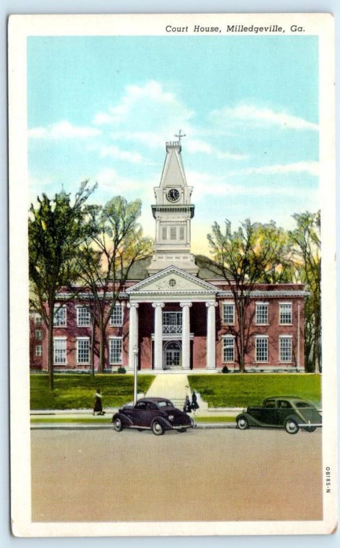 MILLEDGEVILLE, GA Georgia ~  Baldwin County COURT HOUSE c1930s Cars Postcard