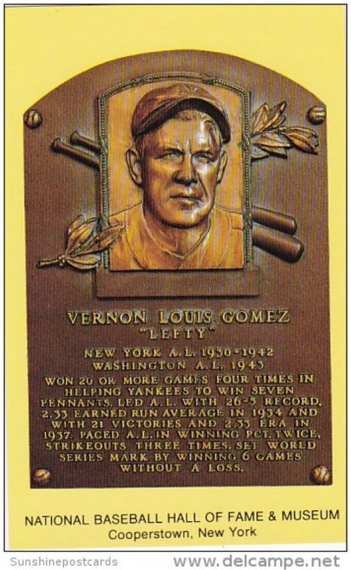 Vernon Louis Lefty Gomez National Baseball Hall Of Fame & Museum  Coopers...