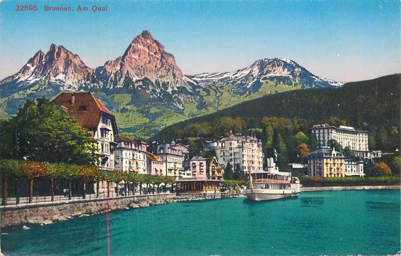 Switzerland navigation & sailing topic postcard Brunnen quai paddle steamer