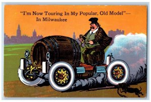 Saint Francis WI Postcard Fat Man Touring Old Model Car In Milwaukee Dog c1930's