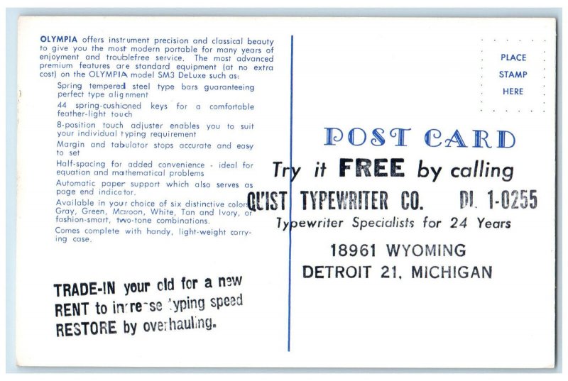 Olympia Modern Typewriter, Quist Typewriter Co., Detroit MI Advertising Postcard