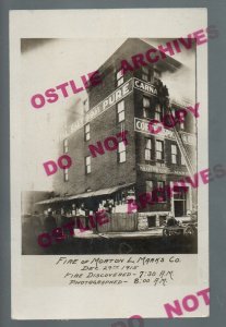 Davenport IOWA RPPC 1915 FIRE Ruins MORTON L. MARKS CO. Building BURNING Ad Back