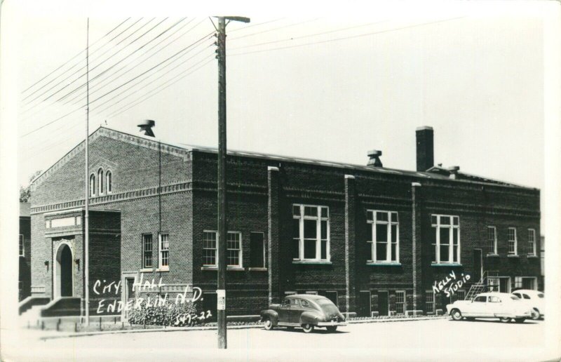 1940s Cars, City Hall, Enderlin North Dakota Vintage RPPC Postcard