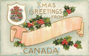 B.B. London Embossed Christmas Postcard X-34 Xmas Greetings from Canada Heraldry
