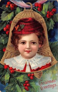 Christmas Greetings little girl bell holly leaves & berries antique pc ZB548032