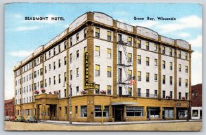 Green Bay Wisconsin~Beaumont Hotel St View~Sign~Fire Escape~Linen 1940s Postcard