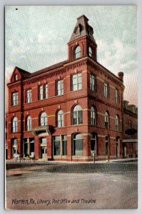 Warren PA Struthers Library Building Post Office Theatre Postcard X28