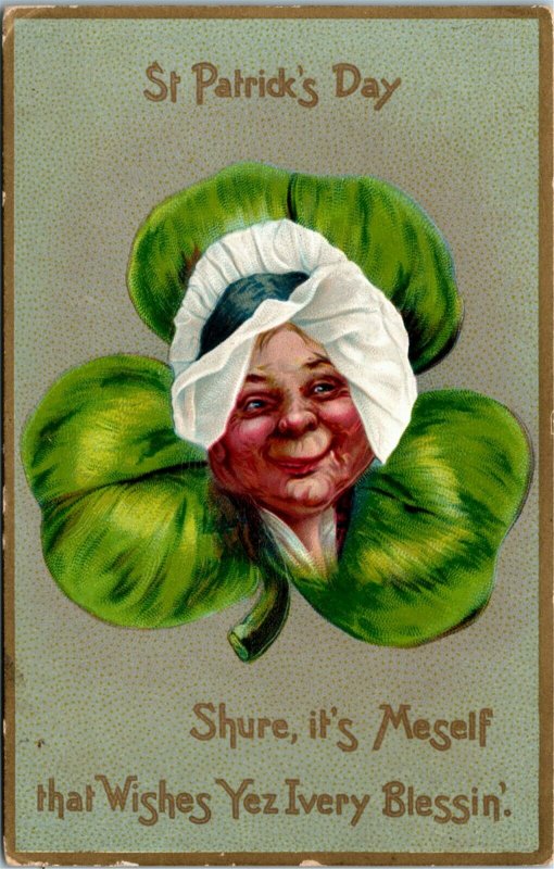 Tuck Postcard St. Patrick's Day Unsigned F. Brundage Face in Shamrock 1910 M41