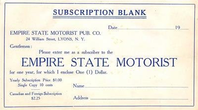 EMPIRE STATE MOTORIST Lyons, NY Magazine Subscription Card Vintage Postcard