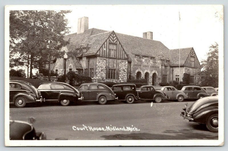 Midland Michigan~Court House~Tudor Style~Tractor Killed Boy~1930s Cars RPPC 