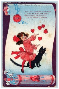 1906 Valentine Cute Little Girl Hearts Seal Black Cat Outcault Antique Postcard