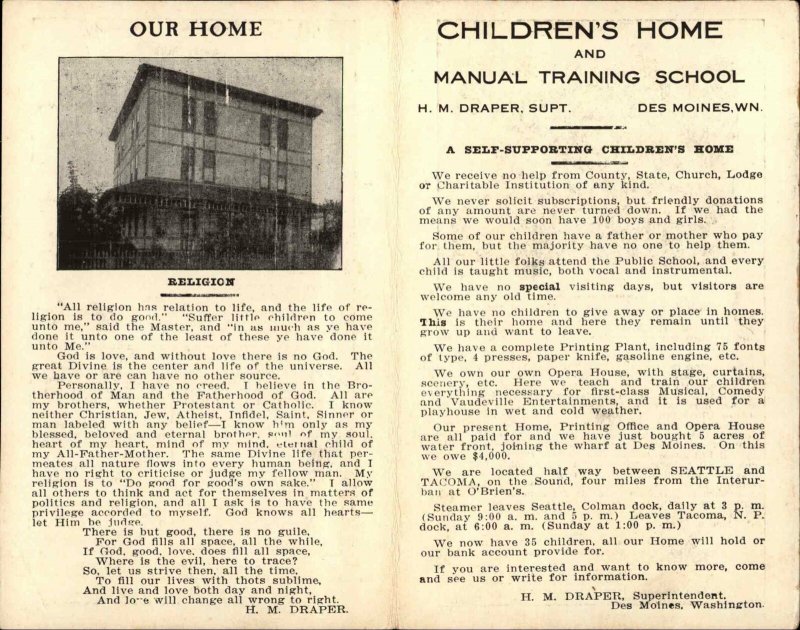 Des Moines & Little Falls WA Orphanage Children's Home Fold Open Postcard