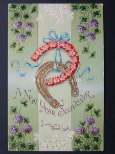 Happy New Year Greeting HORSE SHOES & FOUR LEAF CLOVER Old Embossed Postcard