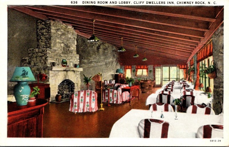 North Carolina Chimney Rock Cliff Dwellers Inn Dining Room and Lobby Curteich