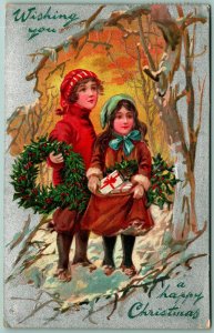 Raphael Tuck Happy Christmas Children Snowy Woods Holly Wreath DB Postcard I10