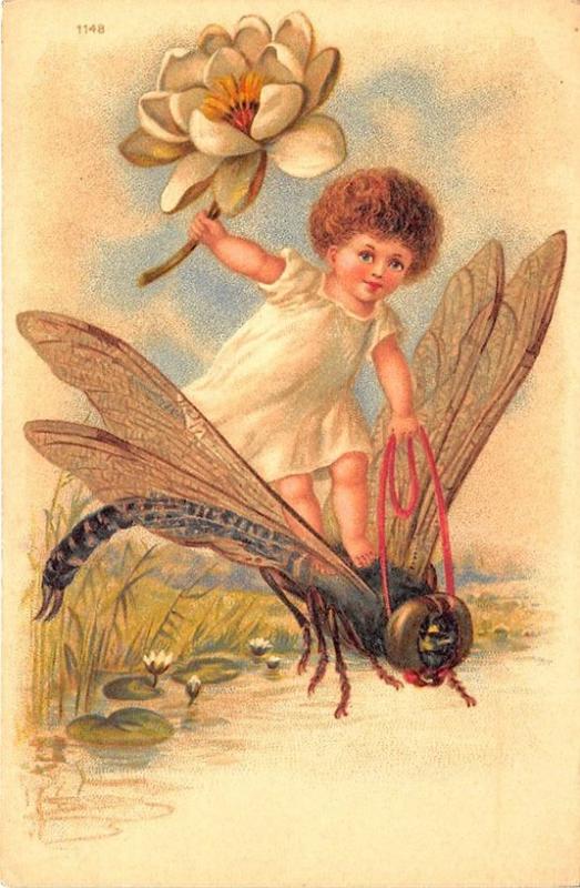 Beautiful Art Pentecost Dragonfly White flower 1901 Postcard