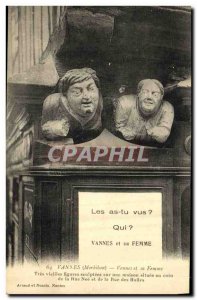 Old Postcard Vannes and his Wife Tres Vieilles figures carved on a house situ...