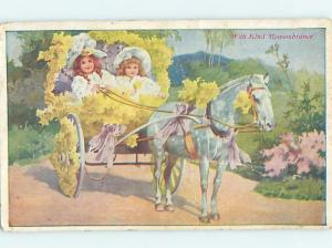 Pre-Linen GIRLS IN CART FULL OF FLOWERS PULLED BY WHITE HORSE HJ4404