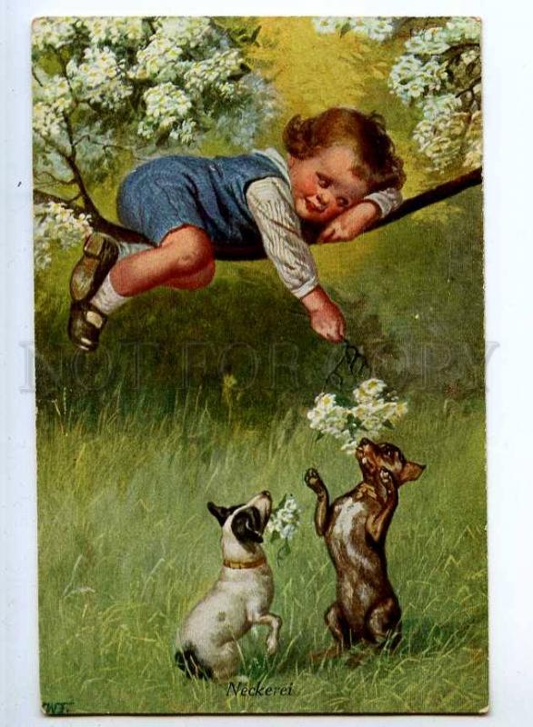 240482 Boy on Tree JACK RUSSELL TERRIER by FIALKOWSKA Vintage