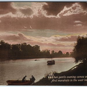 c1920s River Scene Sunset Birds Clouds Boat Silhouettes Mantle Grey Evening A359