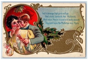 1908 Christmas Sweet Couple Kissing Cheek Romance Mistletoe Embossed Postcard 