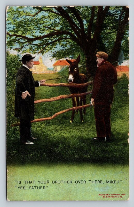 c1911 Two Men Standing by a Donkey Under Tree ANTIQUE Postcard 1250