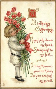 Tuck Birthday Children Little Boy With Roses c1910 Vintage Postcard