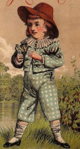 1882 Trade Victorian Card Little Boy Wearing Hat & Checkered Blue Suit Boraxine