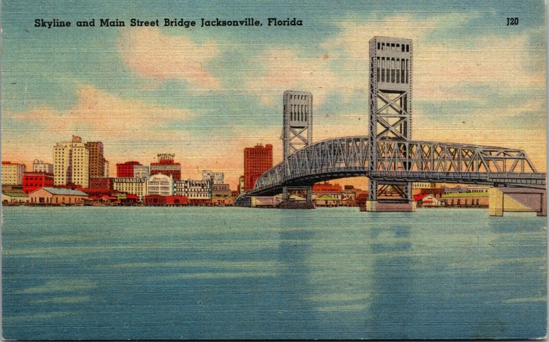 Vtg 1930s St Johns River Skyline and Main Street Bridge Jacksonville FL Postcard