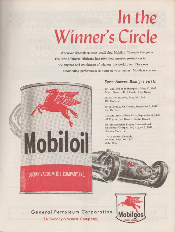 1850 Print Ad Mobil Oil for Indy 500 In the Winner's Circle Oil Can & Ra...