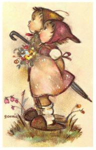 Kids & Umbrella Bonnie Mainzer #577 Little Folks Belgium Vintage Postcard Hummel
