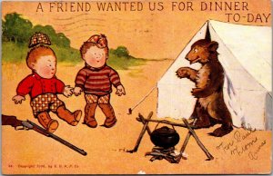 Boys Frightened by Bear, A Friend Wanted Us for Dinner Vintage Postcard U76