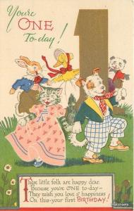 1950s Artist impression Dressed Animals 1st Birthday postcard 4834