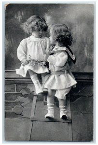 c1910's Cute Little Girls Curly Hair Studio Portrait Norway Antique Postcard