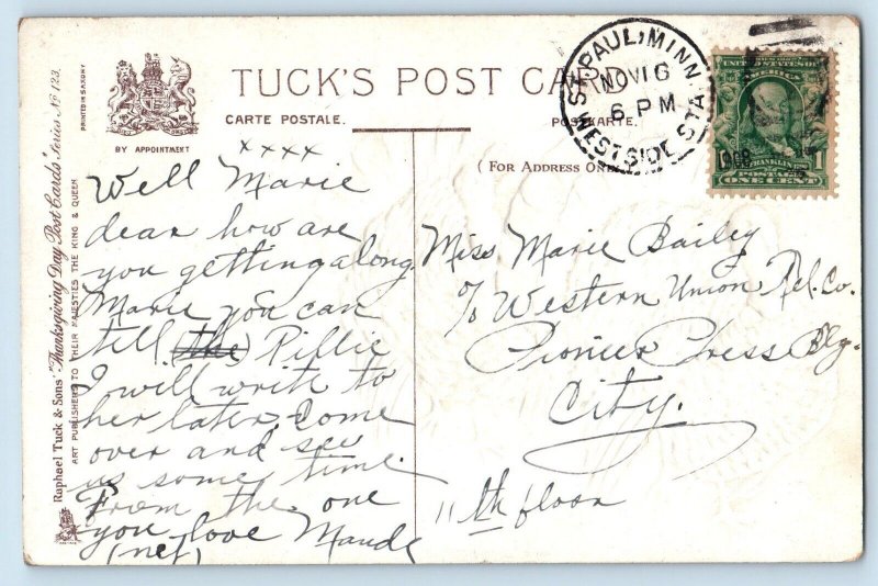 Thanksgiving Postcard Turkeys Walking In Line Embossed Tuck St. Paul MN c1910s