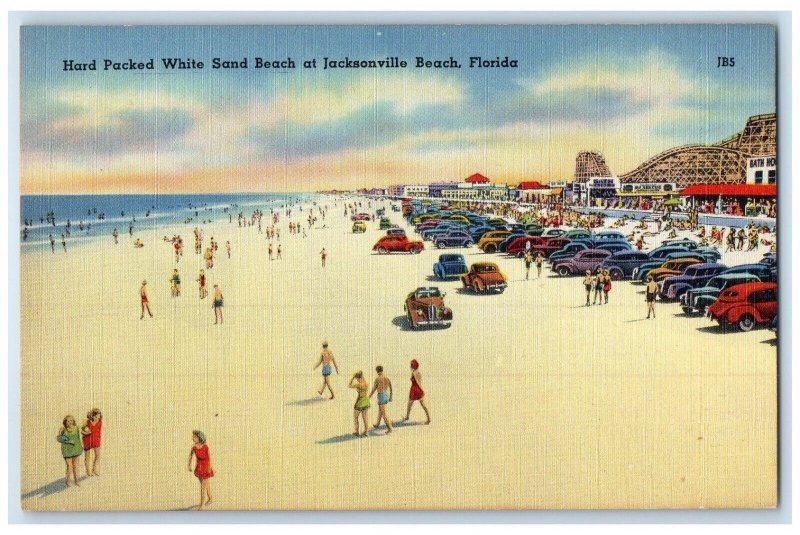 c1940 Hard Packed White Sand Beach Jacksonville Beach Florida Unposted Postcard