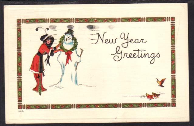 Happy New Year Greetings Woman Snowman Postcard 4201