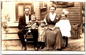 Family of Five, with Three Children in Sunday Dress Attire - Vintage Postcard