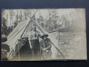 Young Men Camping & Log Cabin - Old RP Postcard